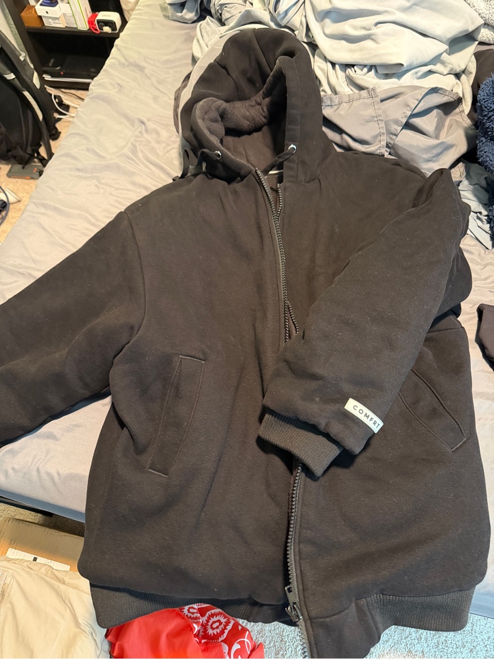 comfrt Black Hooded weighted Zip Jacket - Comfortable Warm Layer medium